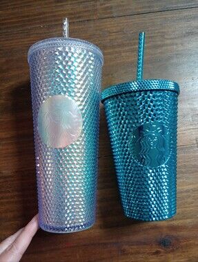 Set Of 2 Starbucks Iridescent Clear & Teal Studded Cups